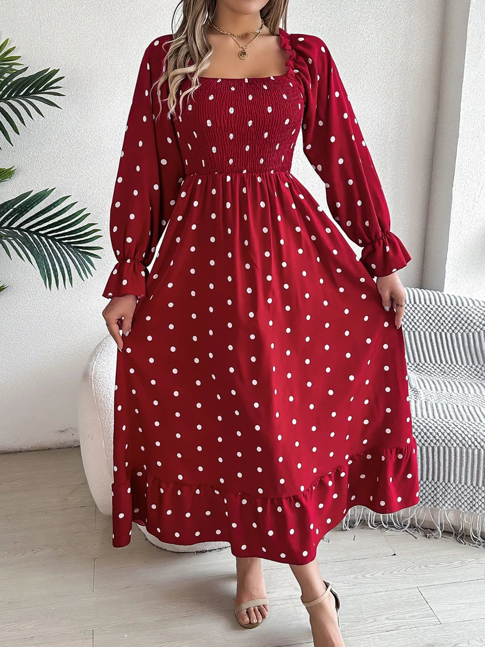 Polka-Dot Square-Neck Smocked Flounce-Sleeve Midi Dress
