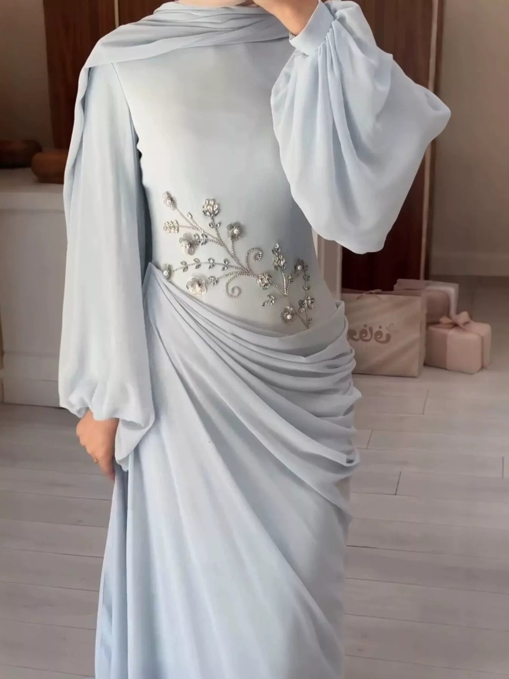 Floral-Embellished Long-Sleeve Ruched Evening Maxi Dress | S–3XL