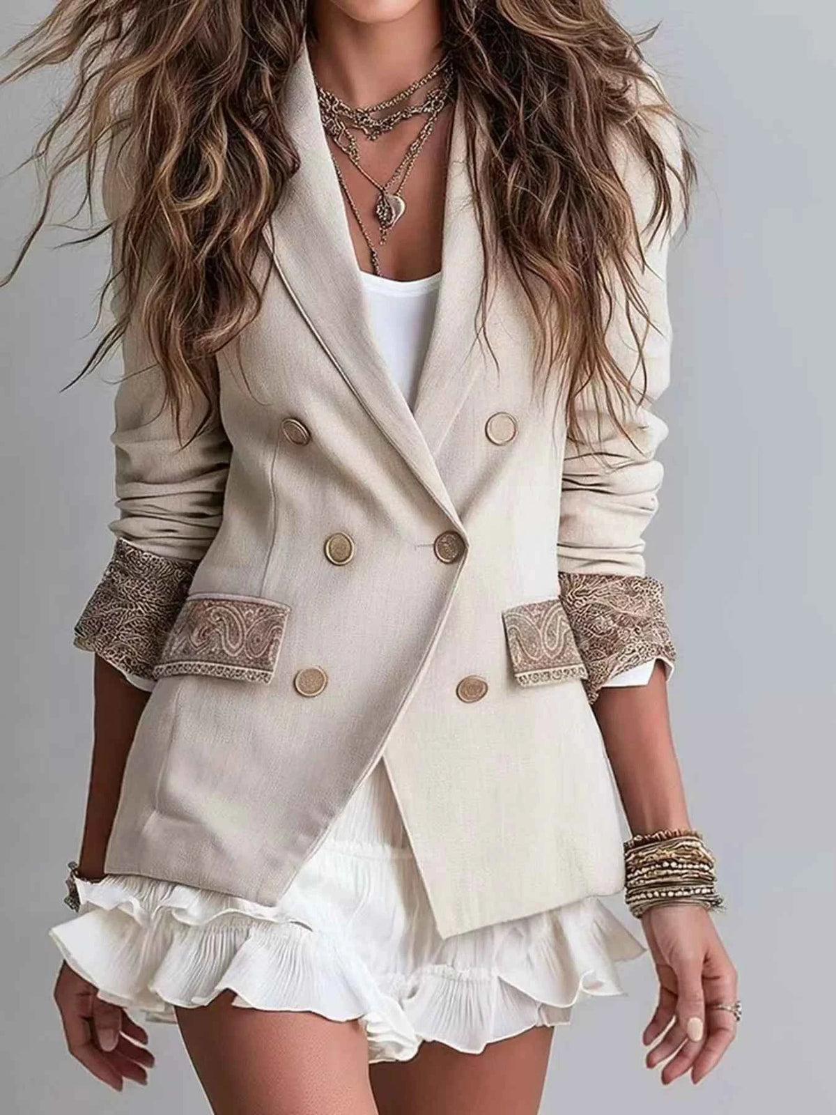 Cream Double-Breasted Lapel-Collar Blazer