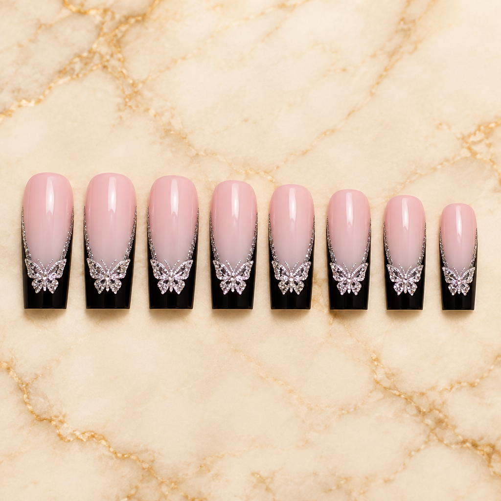 Black ink butterfly press-on nails