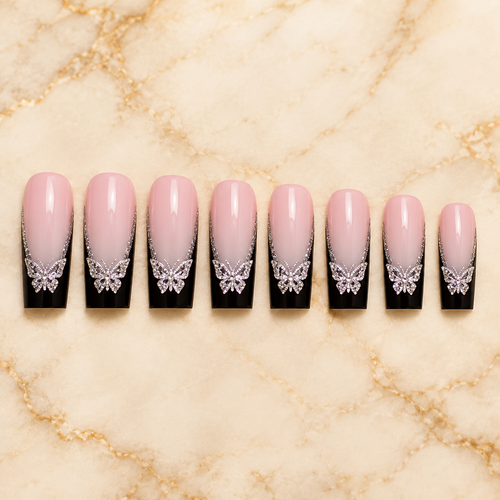 Black ink butterfly press-on nails