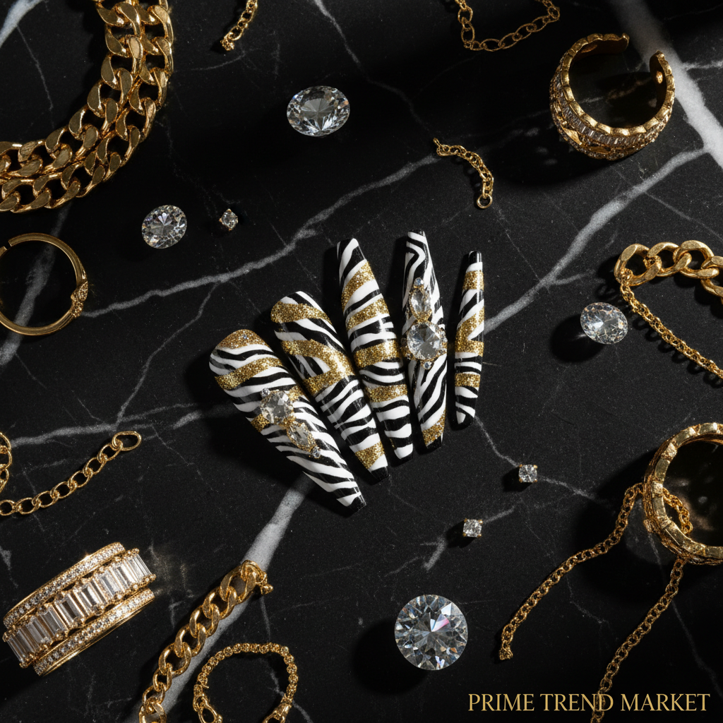 Diamond Zebra Press On Nails – Extra Long Stiletto, 3D Hand-Painted Glitter Gold UV Finish — Prime Trend Market