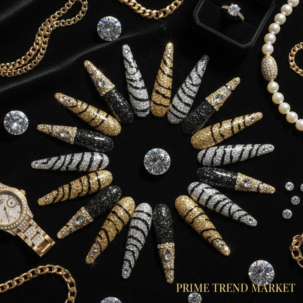 Diamond Zebra Press On Nails – Extra Long Stiletto, 3D Hand-Painted Glitter Gold UV Finish — Prime Trend Market
