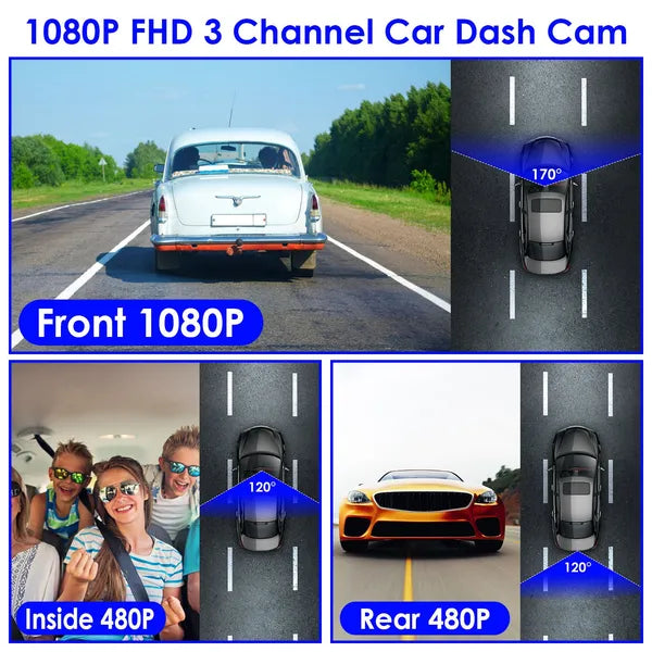 3-Channel WiFi Dash Cam — 1080P Full HD, 170° Wide Angle, IR Night Vision, App Control, 128GB Max — Prime Trend Market