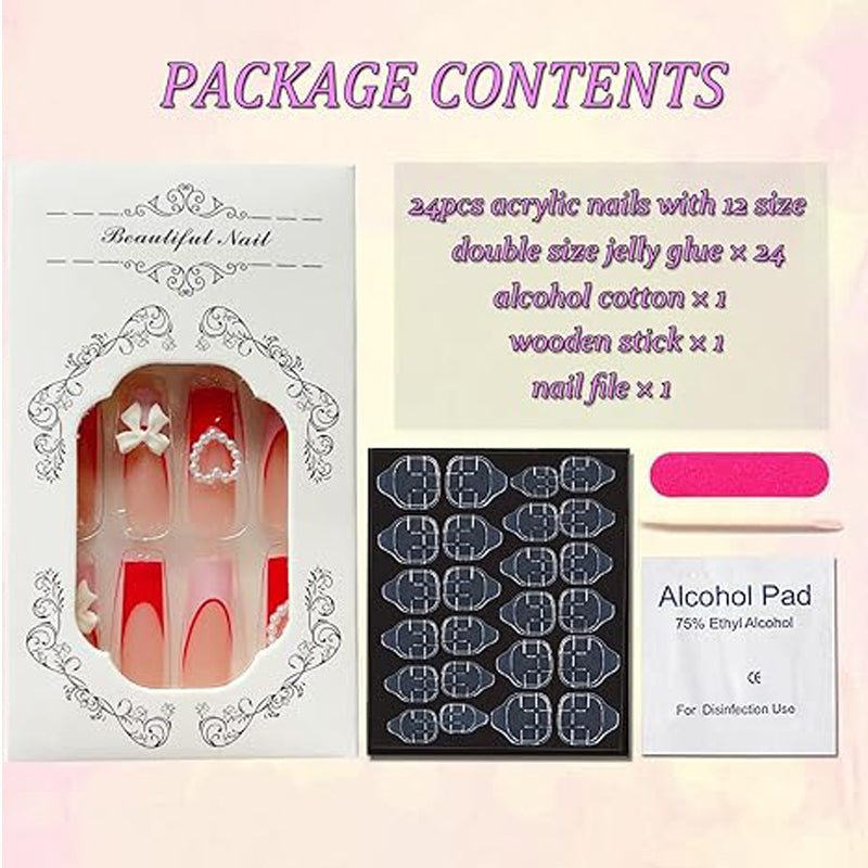 Strawberry Bow Press-On Nails – 24 PCS Long Square Head Shape | Cottagecore Y2K Design — Prime Trend Market