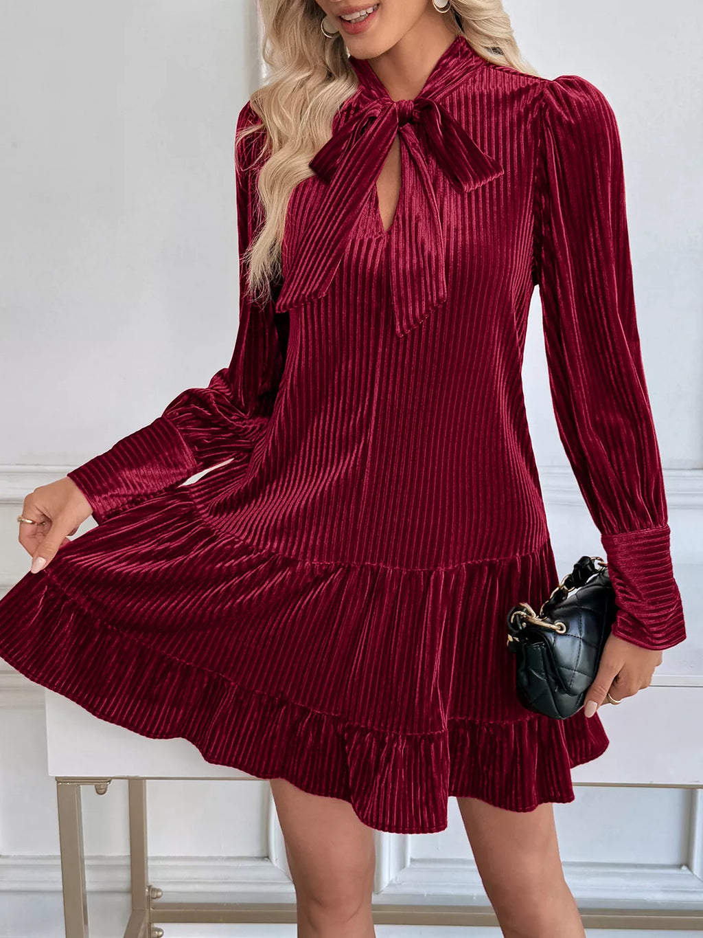 Perfee Burgundy Tie-Neck Velvet Tiered Mini Dress
