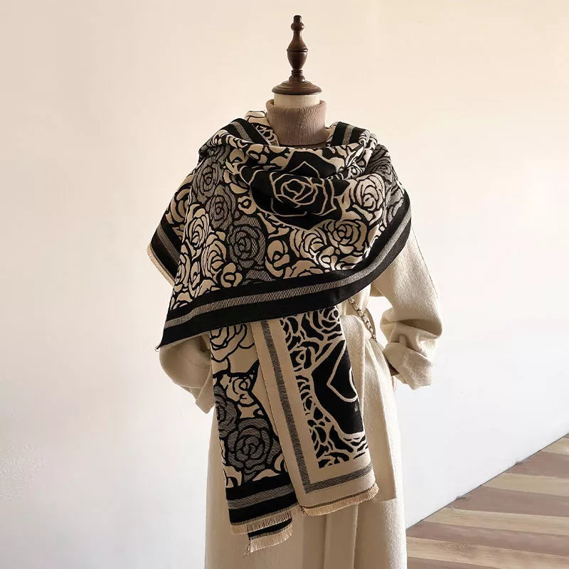 Rose-Pattern Polyester Raw-Hem Scarf
