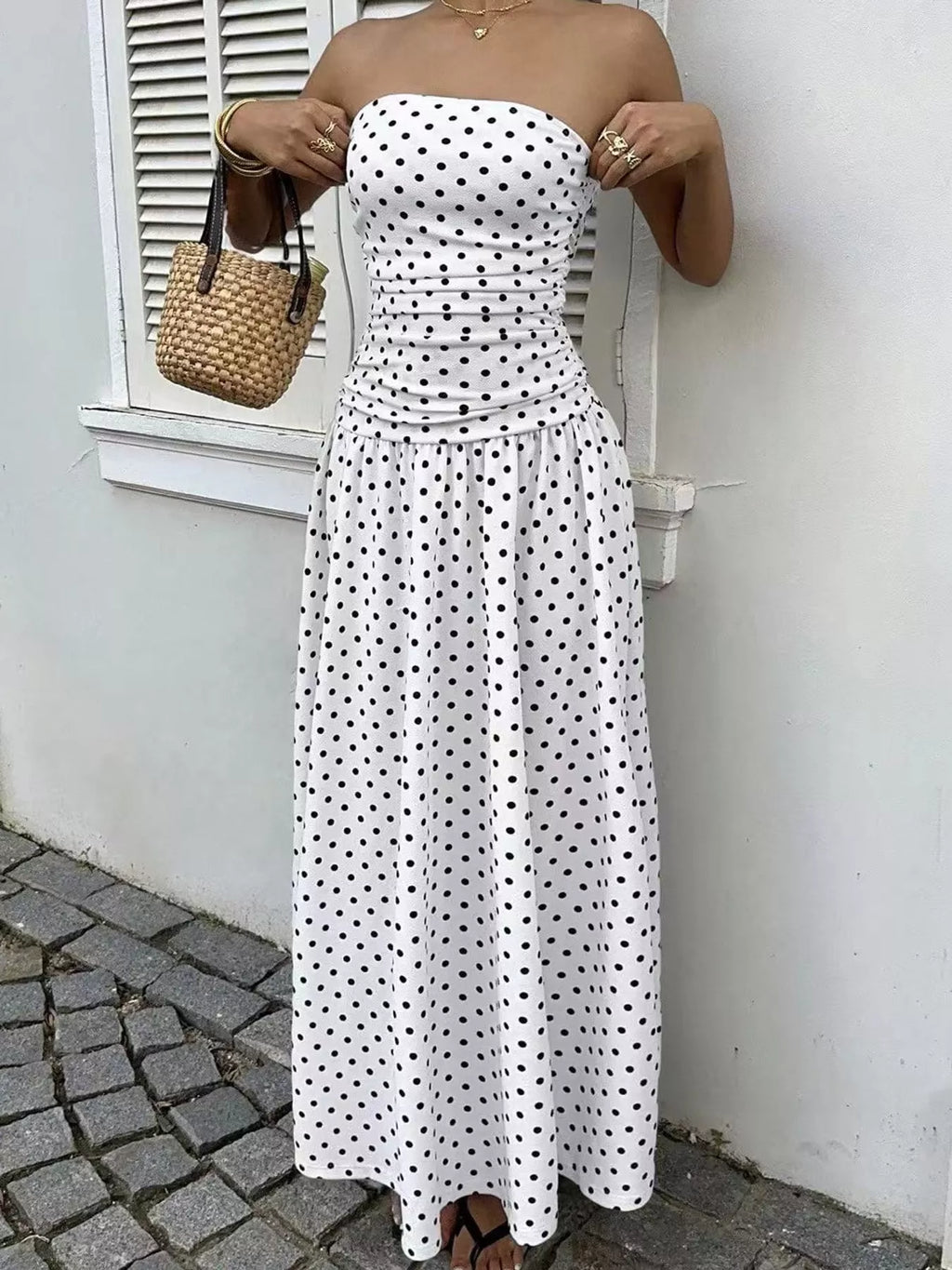 Strapless Polka-Dot Ruched Maxi Dress, S–2XL