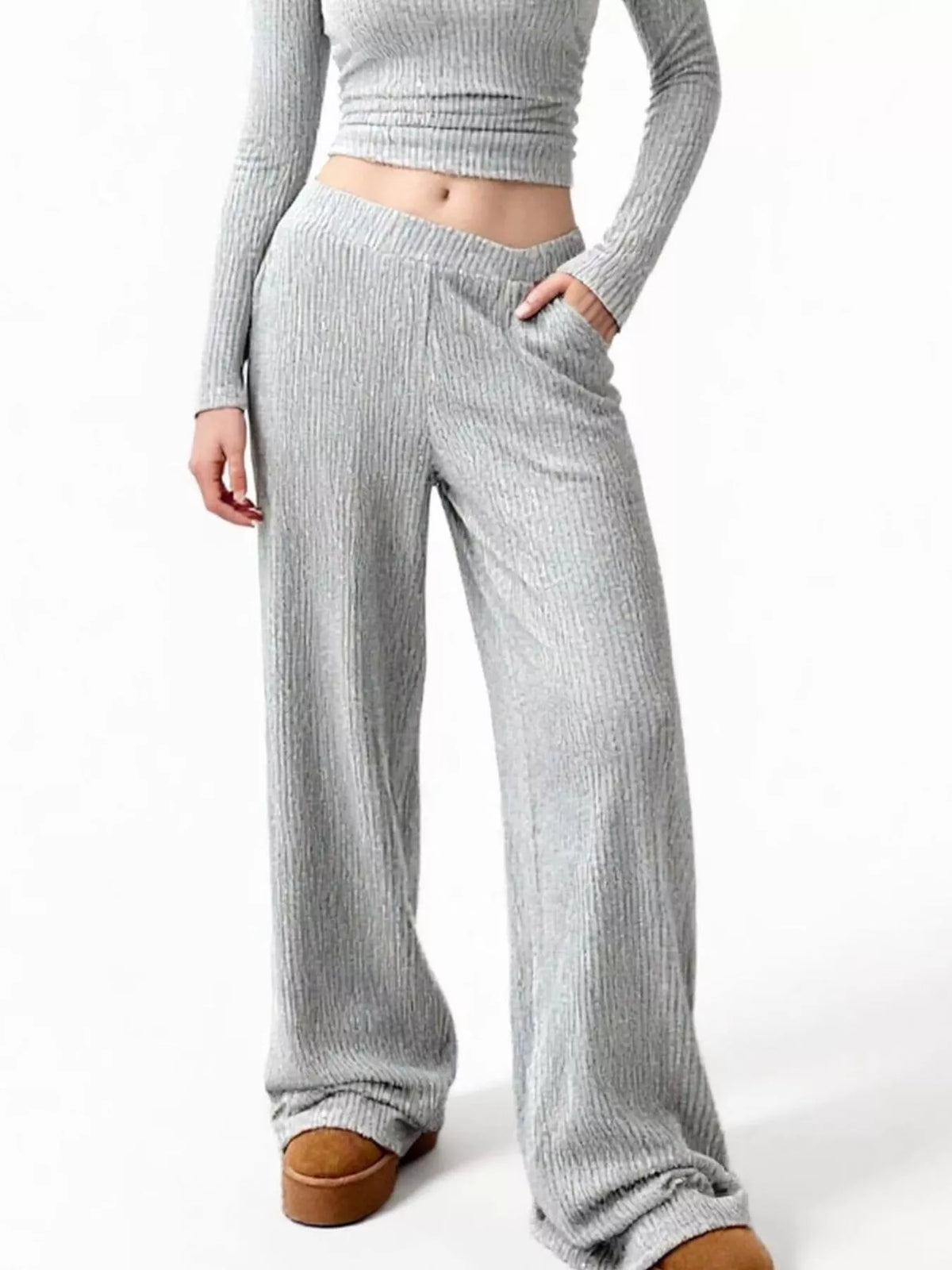Round-Neck Long-Sleeve Top & Wide-Leg Pants Set