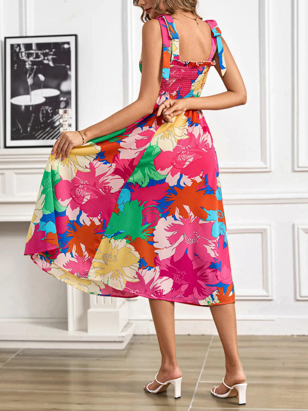 Floral Smocked Tie-Shoulder Midi Dress