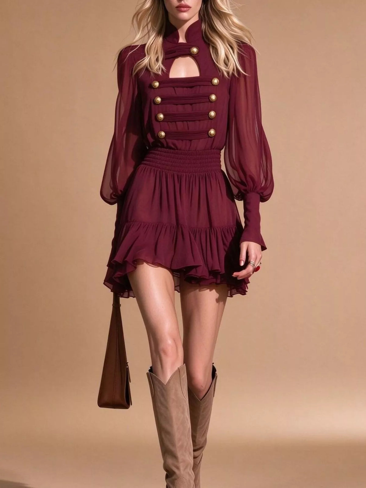 Decorative-Button Ruffled Tiered Mini Dress