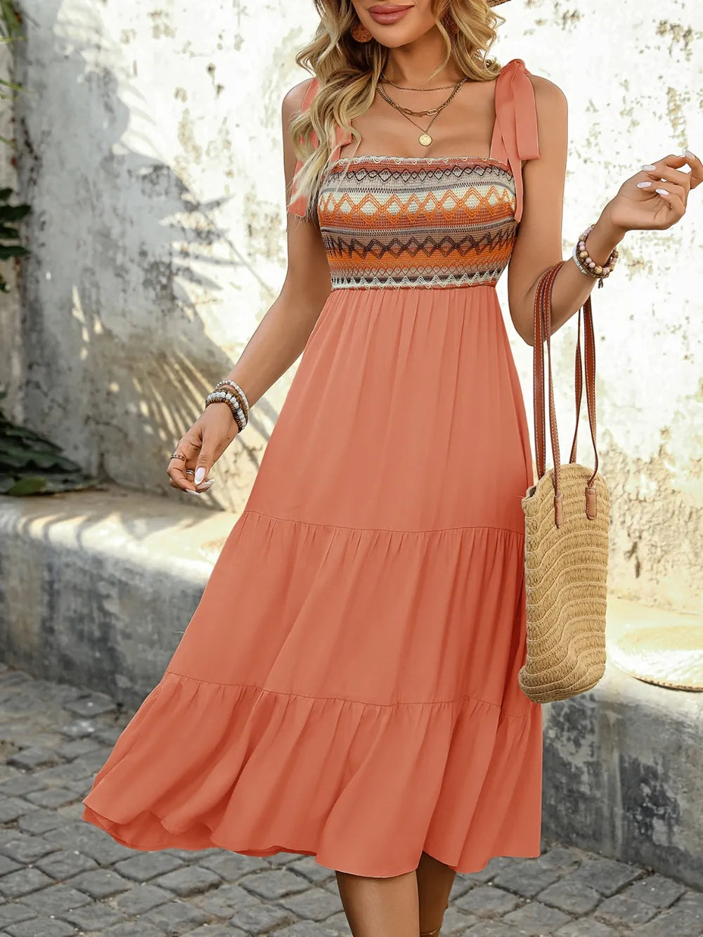 Tie-Shoulder Square-Neck Tiered Midi Dress