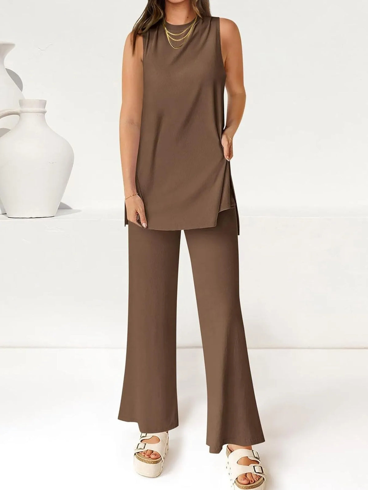 Round-Neck Longline Tank & Wide-Leg Pants Set