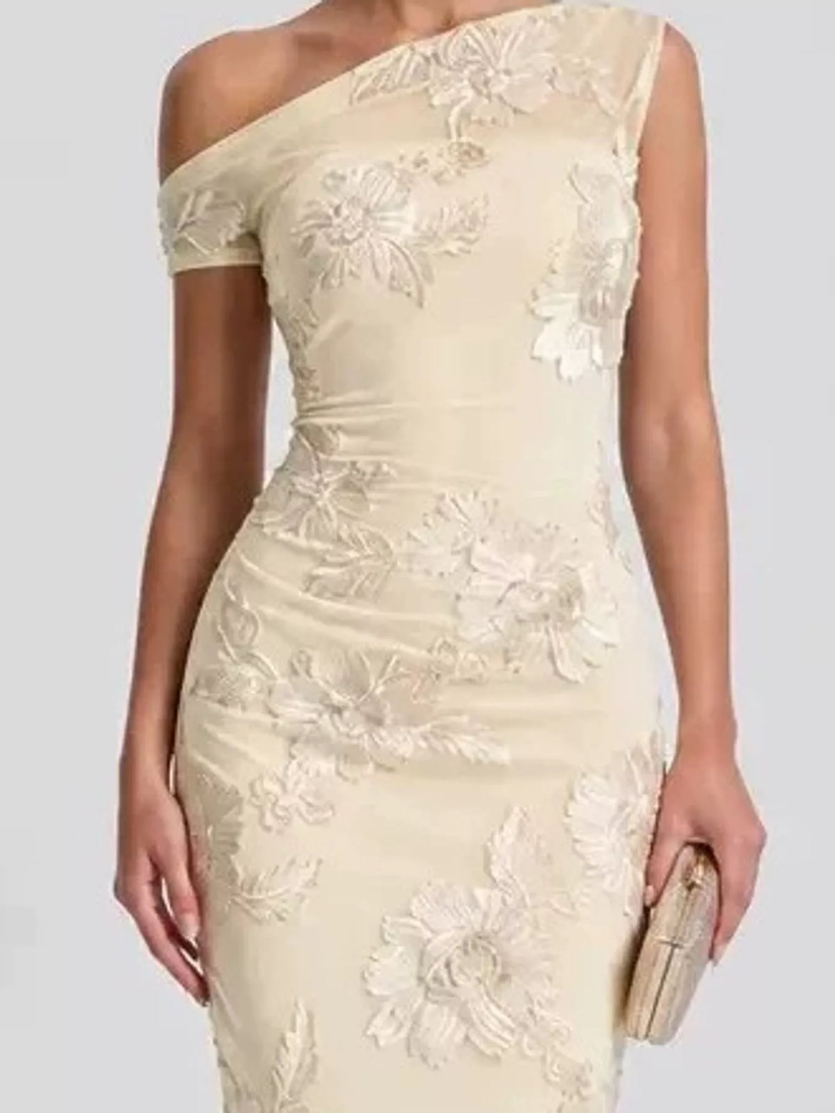 One-Shoulder Floral Embroidered Maxi Dress