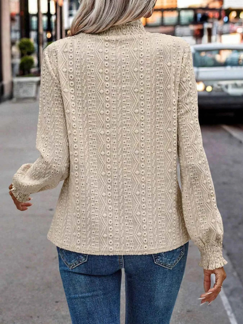 Textured Mock-Neck Eyelet Blouse