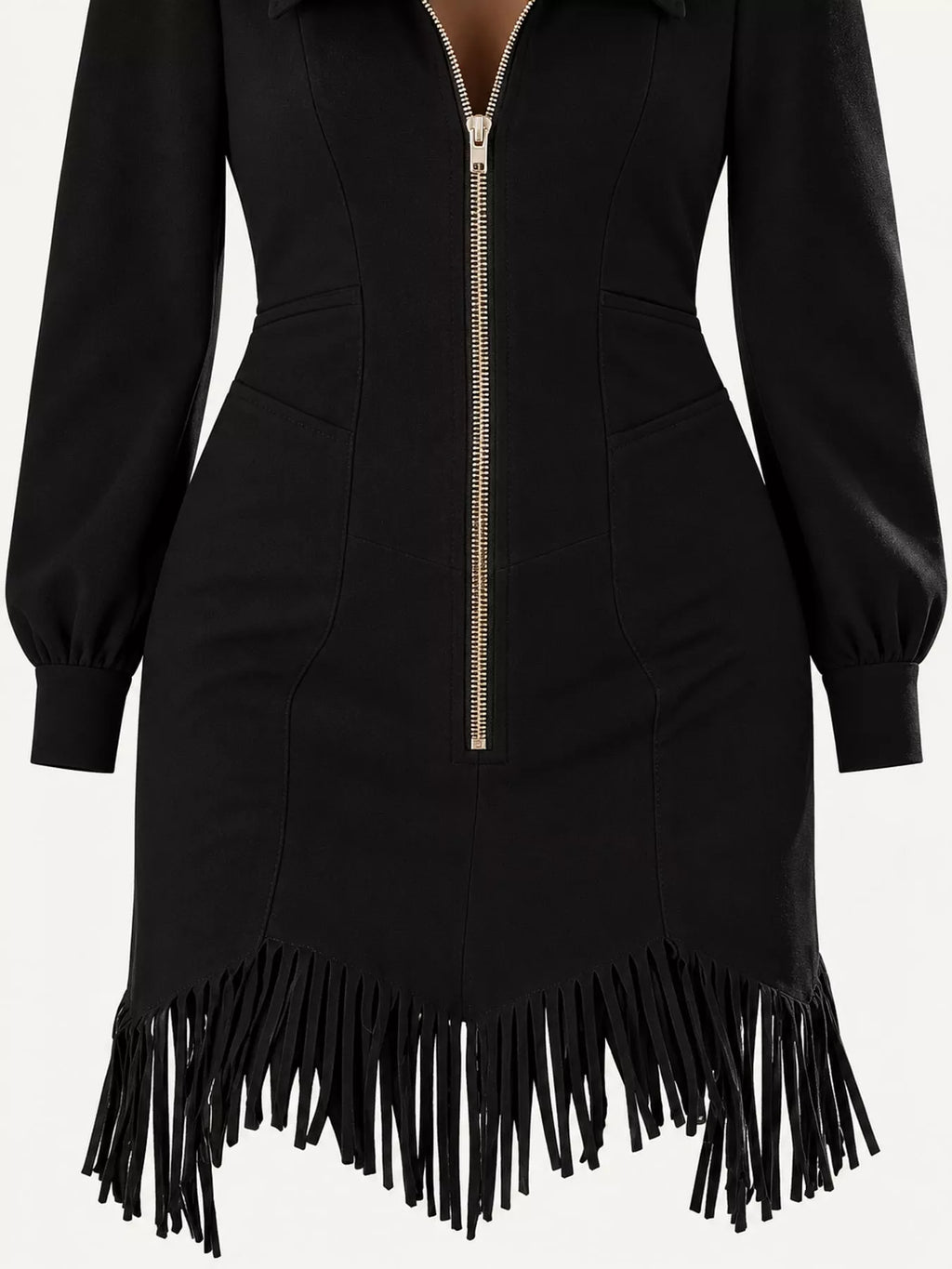 Zip-Front Long-Sleeve Fringe-Hem Mini Dress