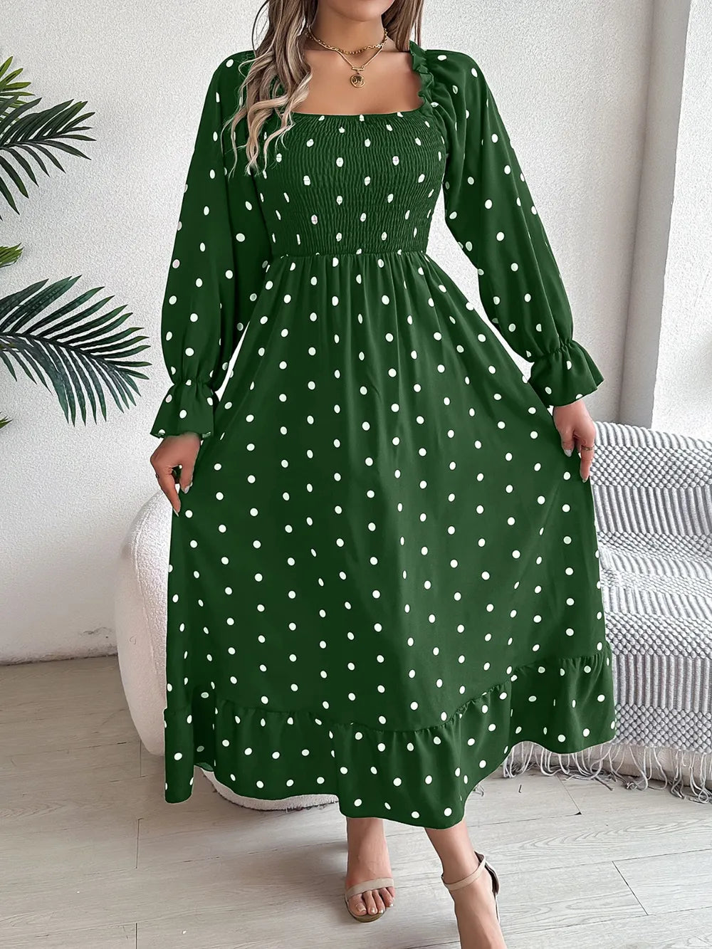 Polka-Dot Square-Neck Smocked Flounce-Sleeve Midi Dress