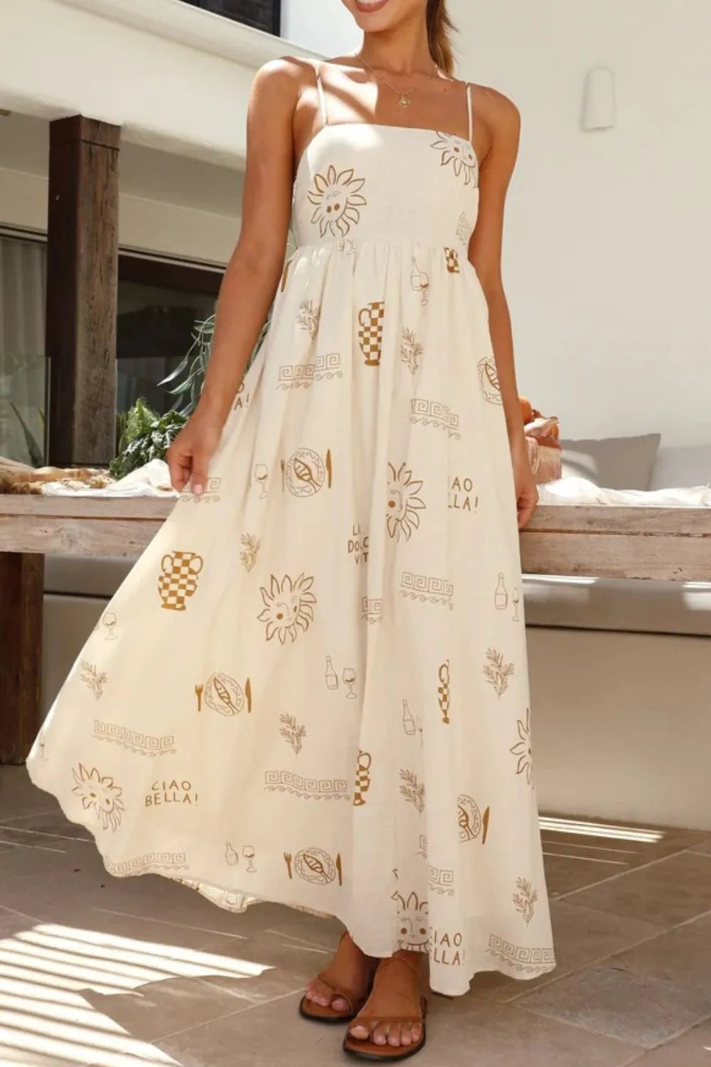 Beige Printed Square-Neck Cami Maxi Dress