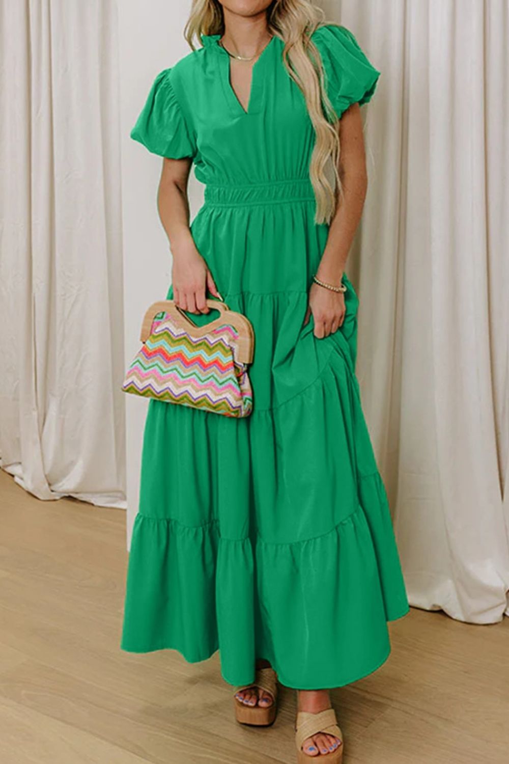 Ruffled Tiered Puff-Sleeve Maxi Dress