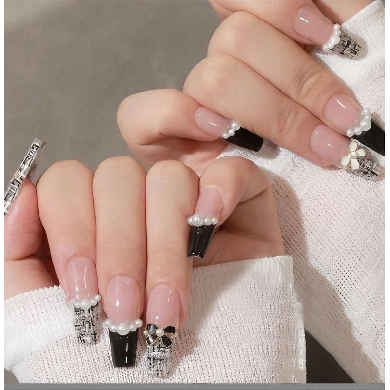 24 PCS Black & White Long Square Press On Nails – Water Pipe CC Nail Art Tips — Prime Trend Market