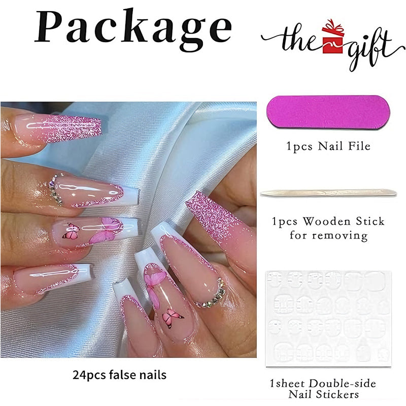Glitter Butterfly Press On Nails — 24 PCS Long Square Sparkle Fake Nails | Glitter Powder Nail Art — Prime Trend Market