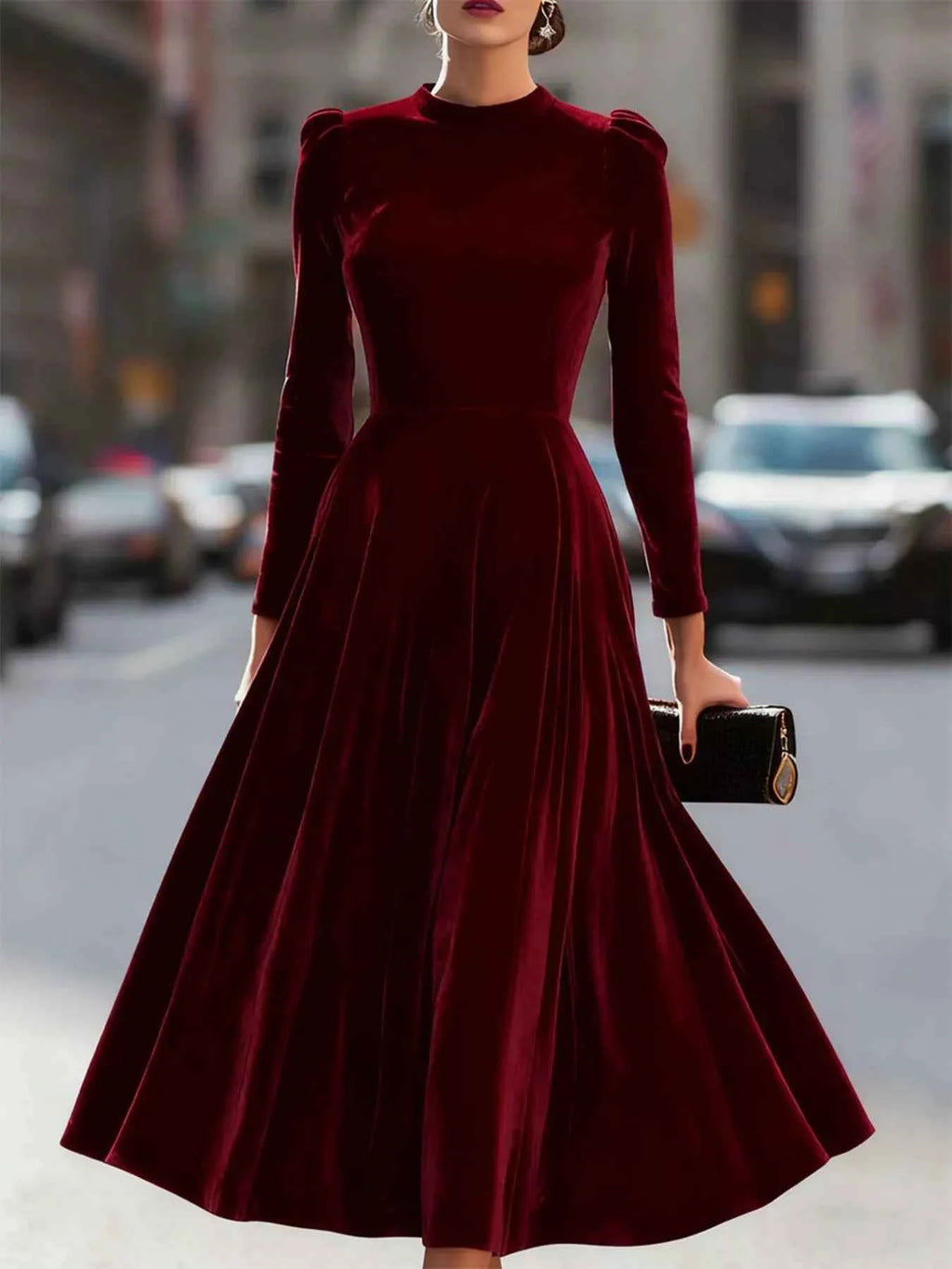 Velvet Long-Sleeve A-Line Dress