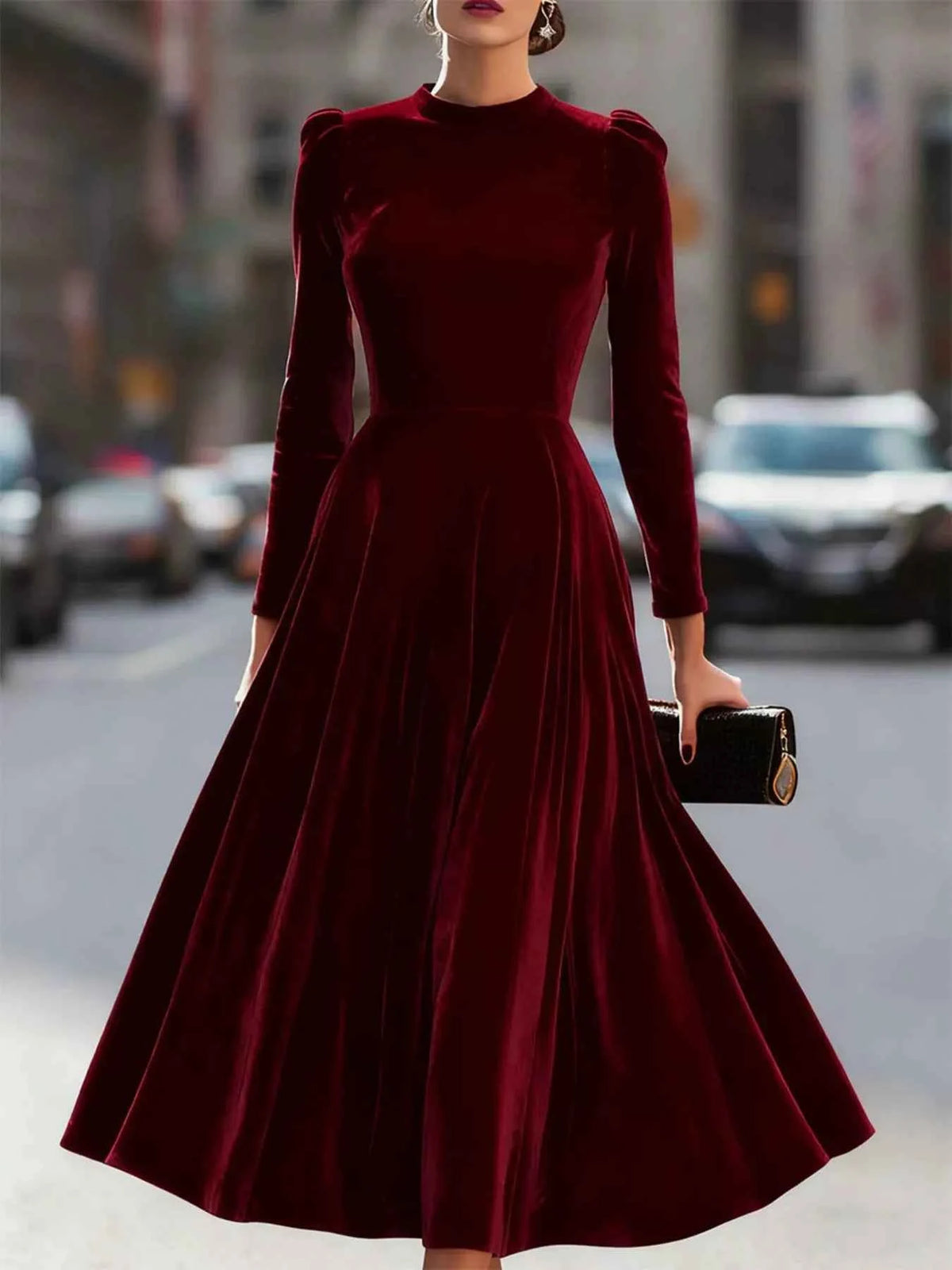 Velvet Long-Sleeve A-Line Dress