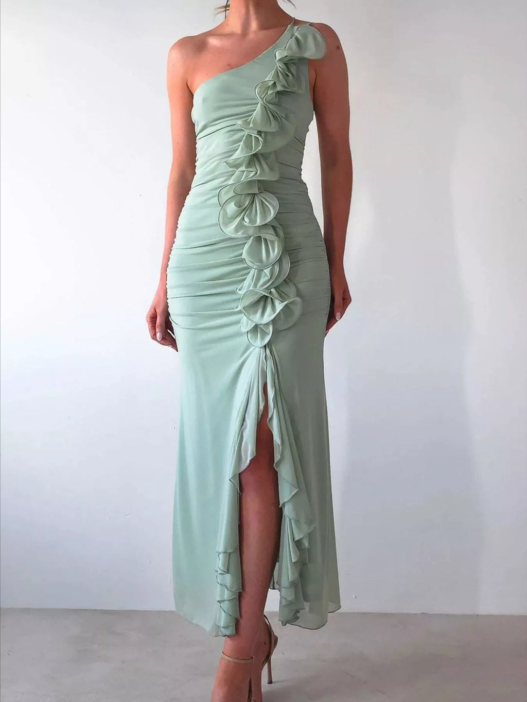 One-Shoulder Ruffle Slit Maxi Dress