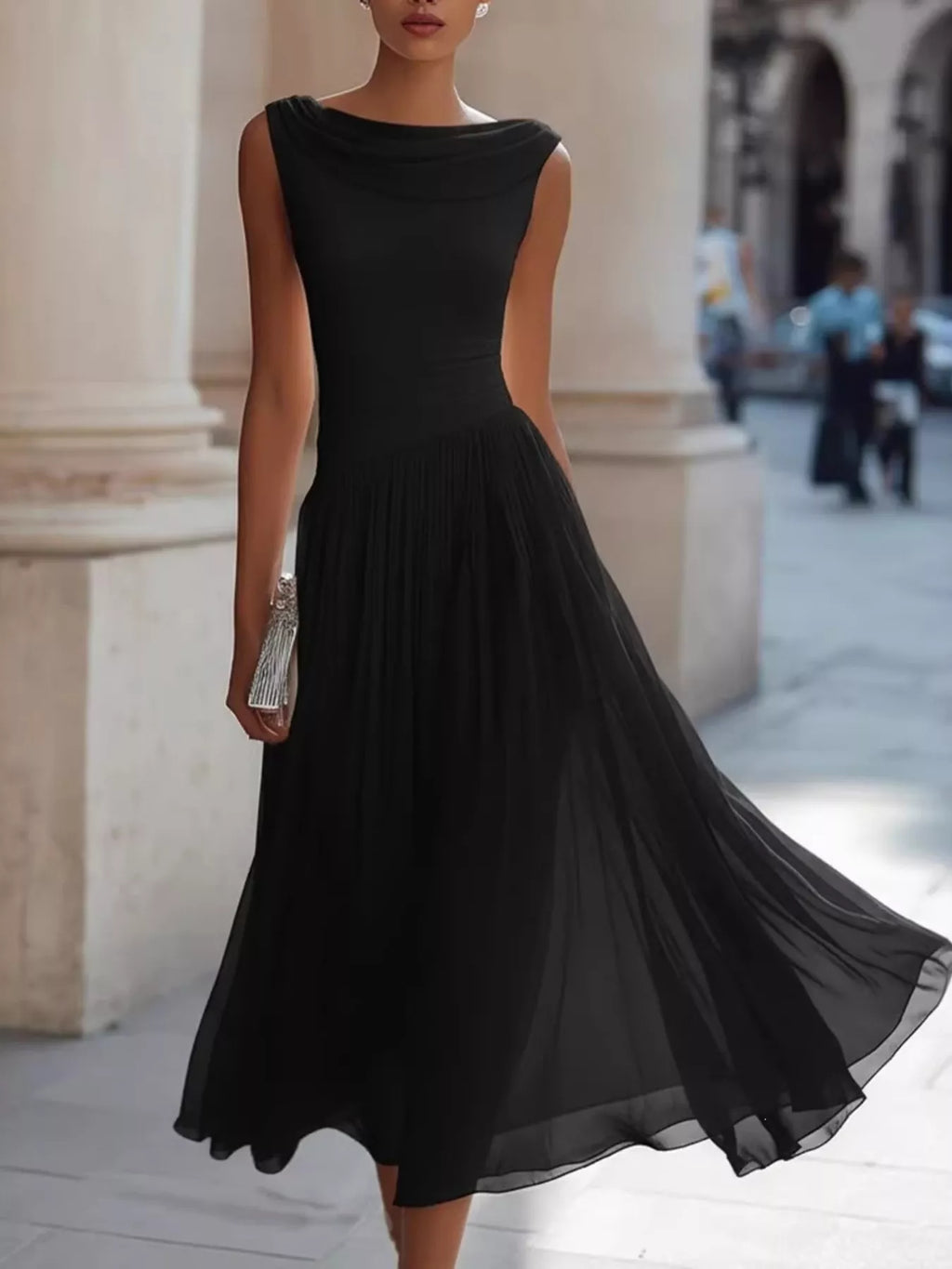 Draped-Neck Sleeveless Flared Midi Dress, S–3XL