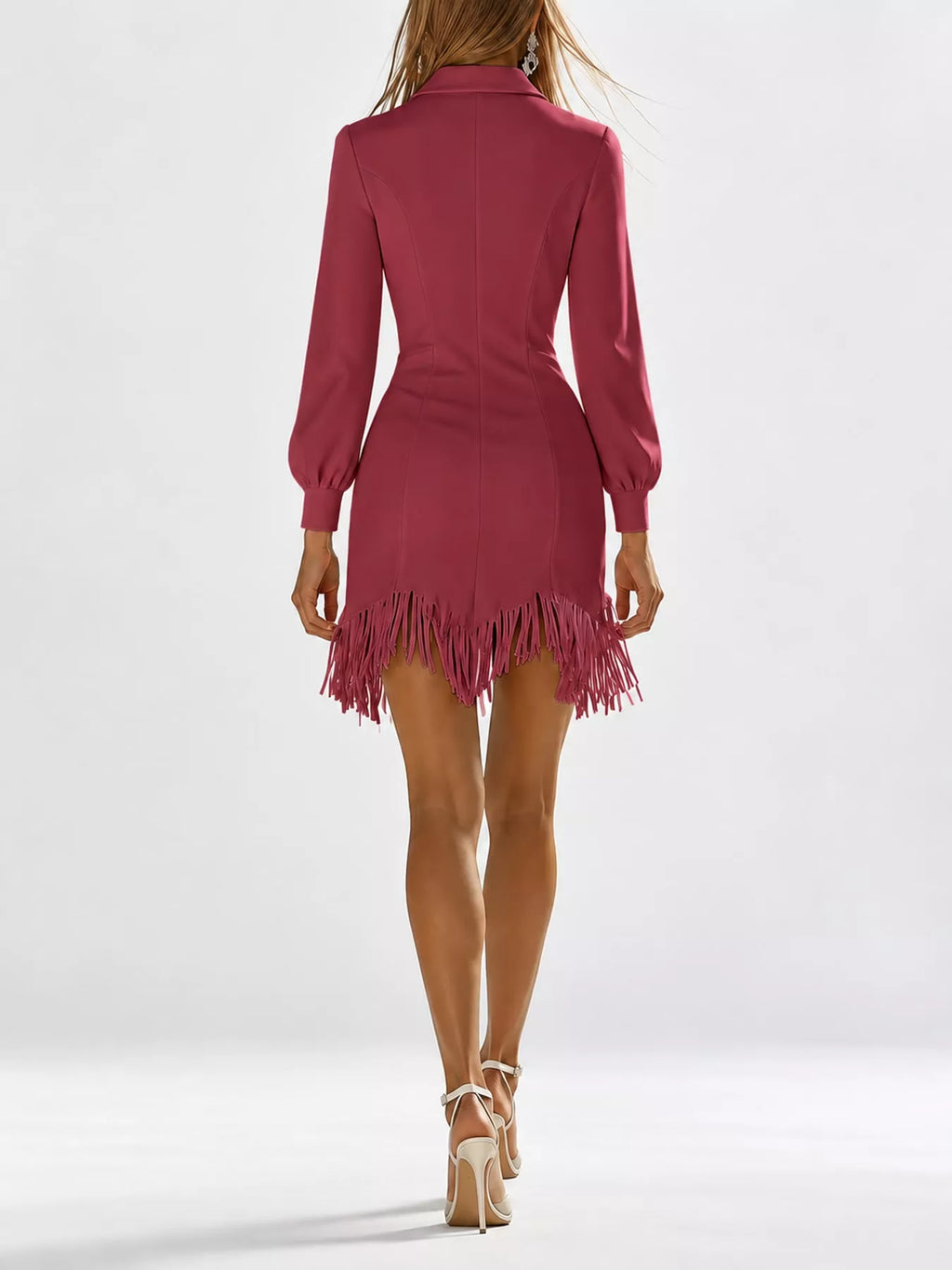 Zip-Front Long-Sleeve Fringe-Hem Mini Dress