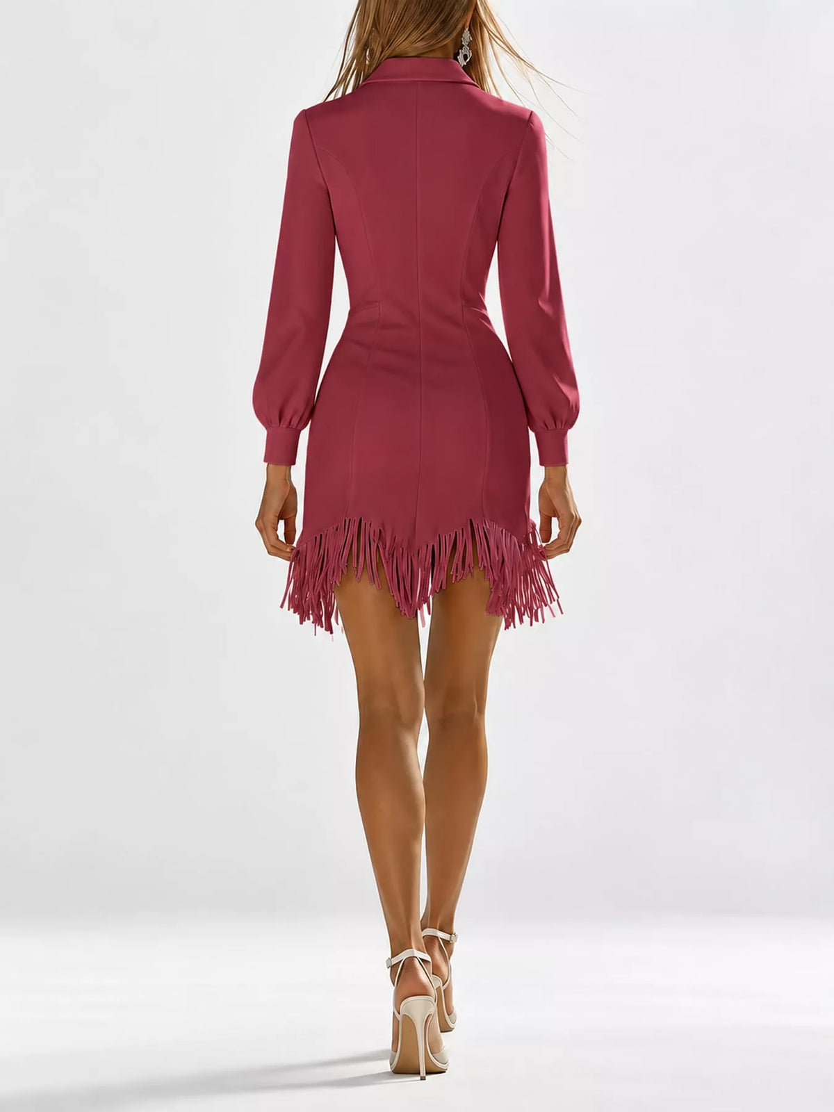 Zip-Front Long-Sleeve Fringe-Hem Mini Dress