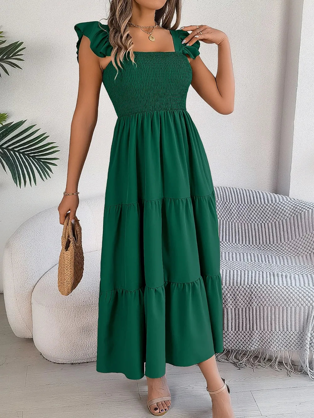 Smocked Square-Neck Cap-Sleeve Midi Dress