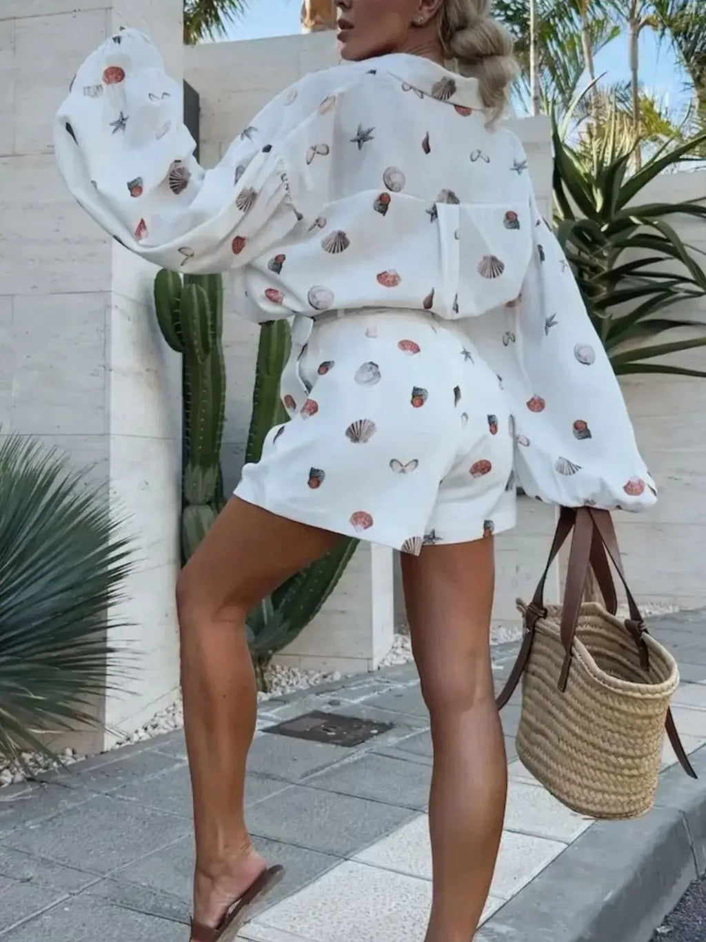 White Seashell-Print Button-Up Shirt & Shorts Set
