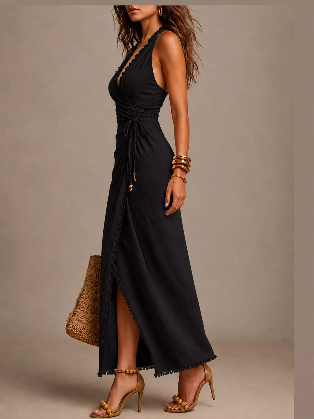Lace-Trim Sleeveless Wrap-Look Maxi Dress