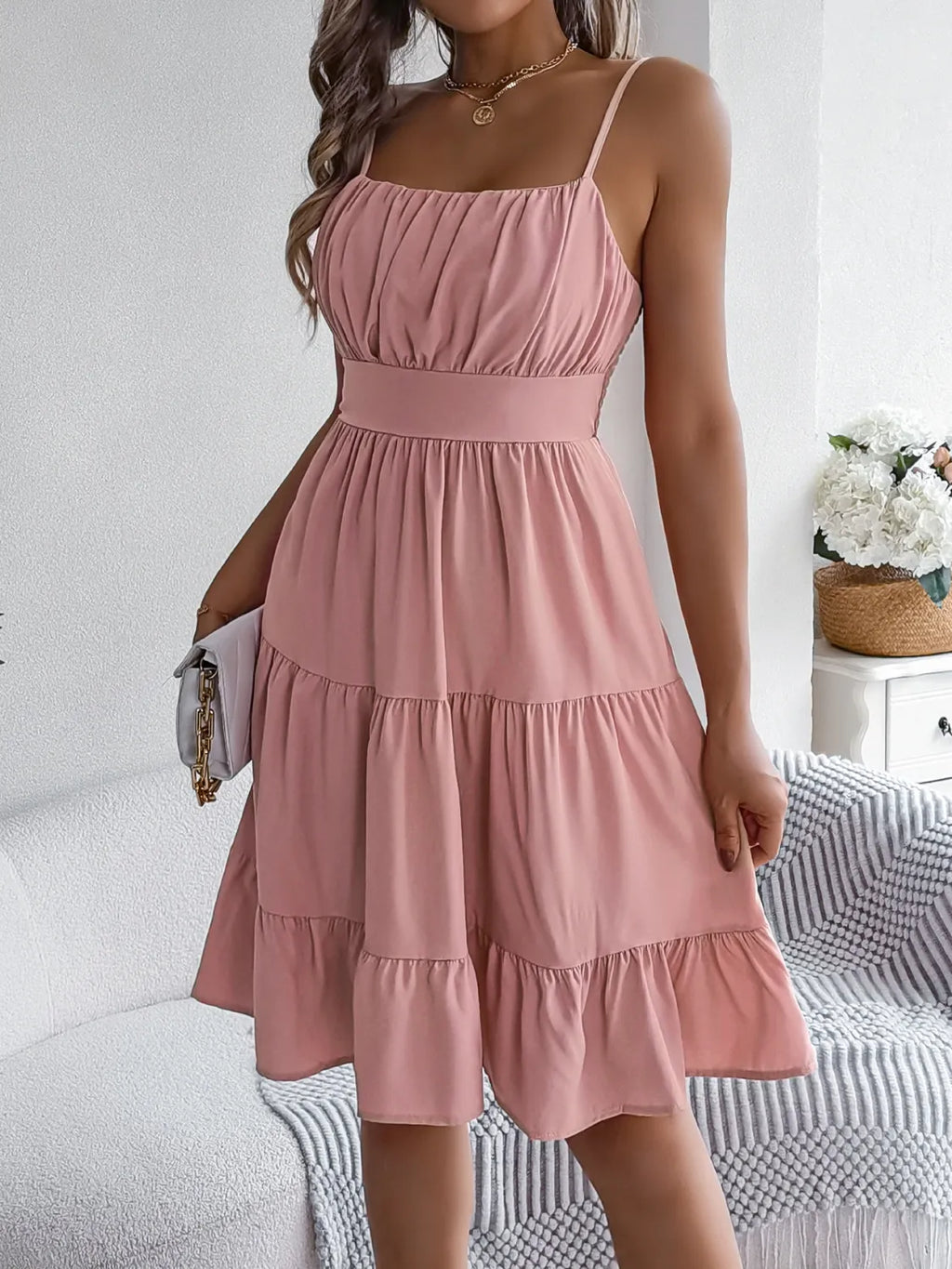 Smocked-Back Tiered Cami Mini Dress