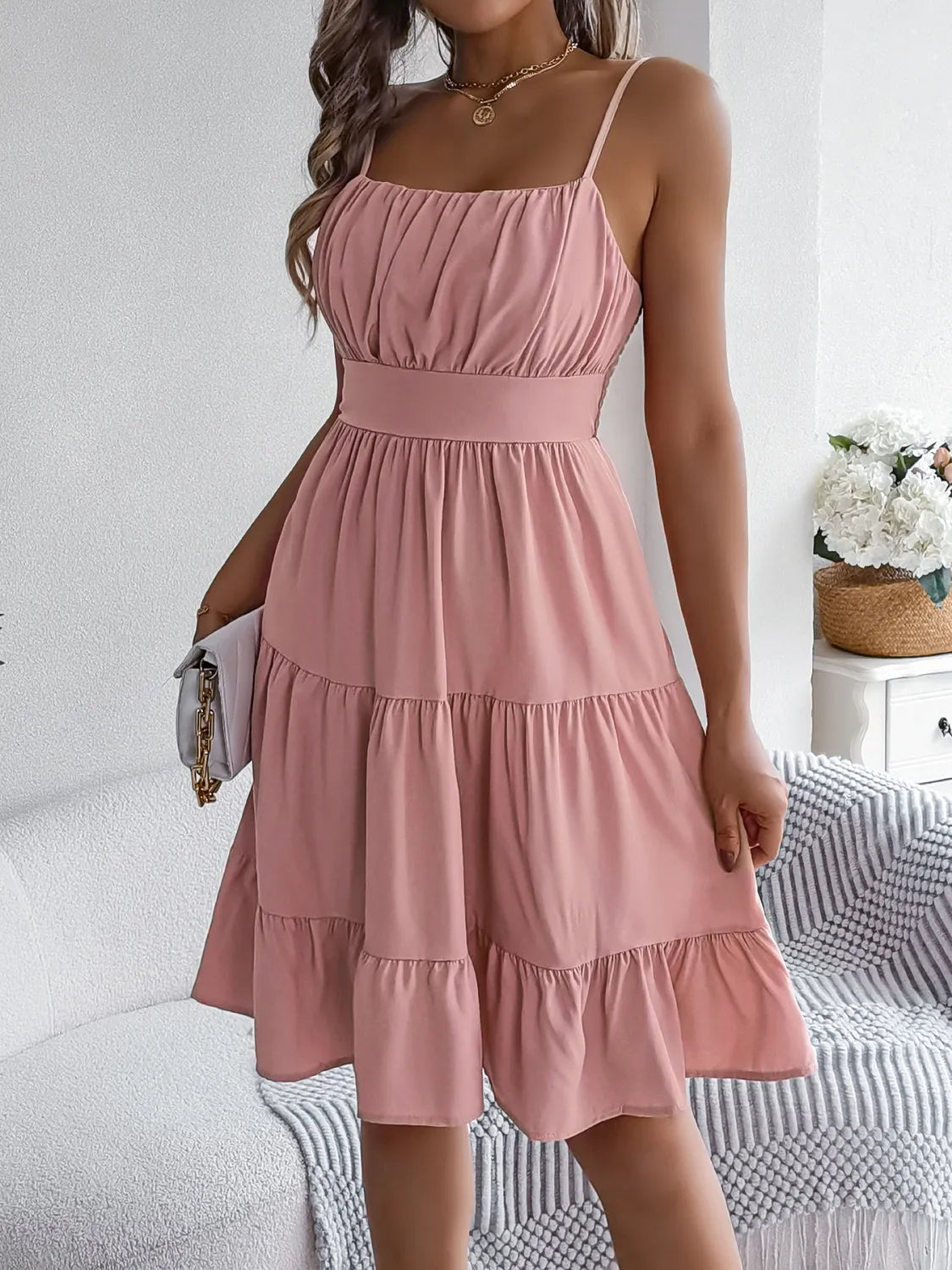 Smocked-Back Tiered Cami Mini Dress