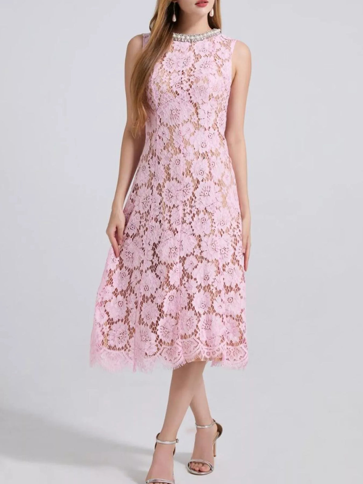 Pearl-Look Neckline Sleeveless Lace Dress