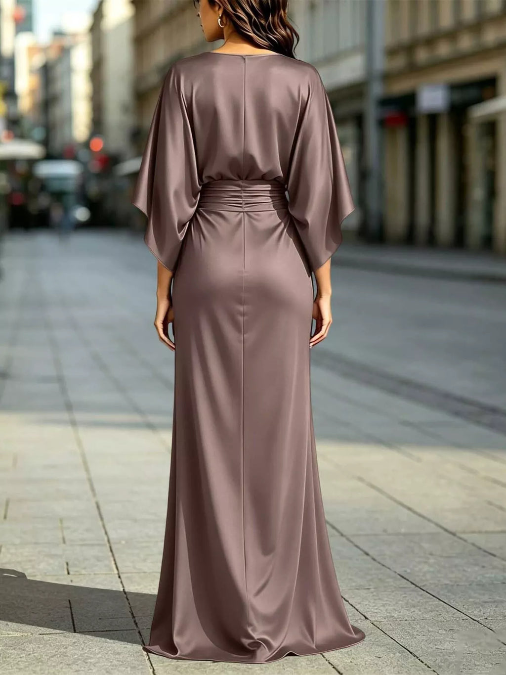 Ruched-Waist Draped-Sleeve Slit Maxi Dress with Pockets