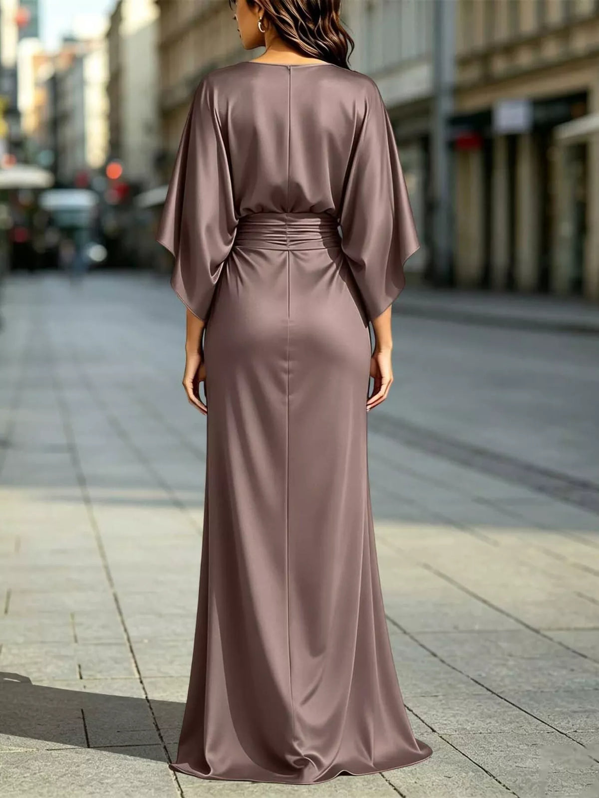 Ruched-Waist Draped-Sleeve Slit Maxi Dress with Pockets
