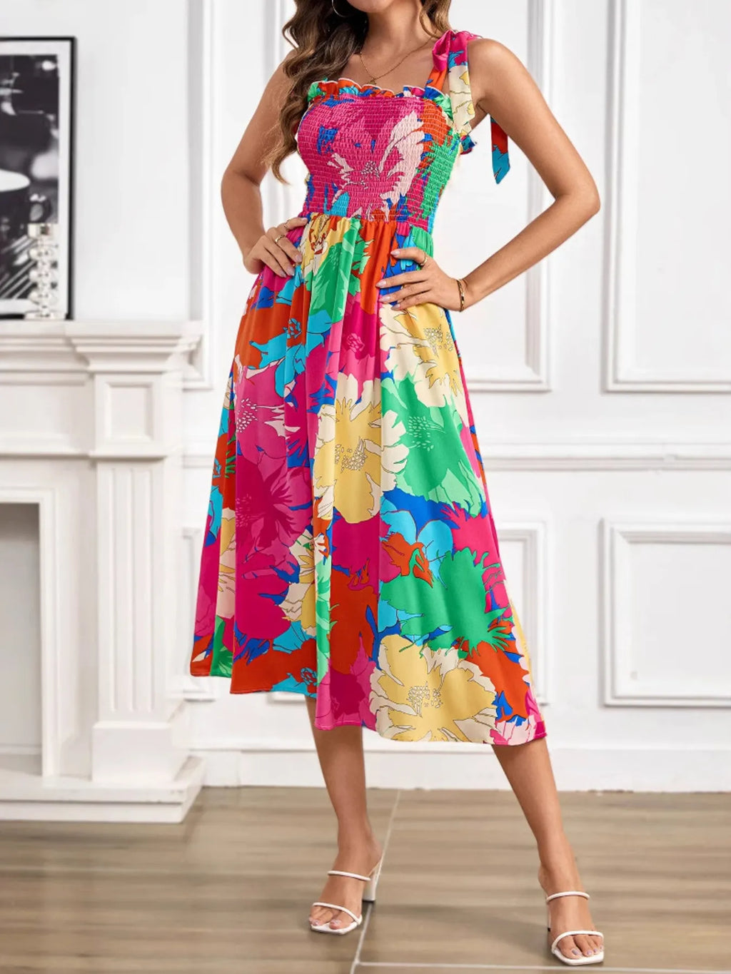 Floral Smocked Tie-Shoulder Midi Dress