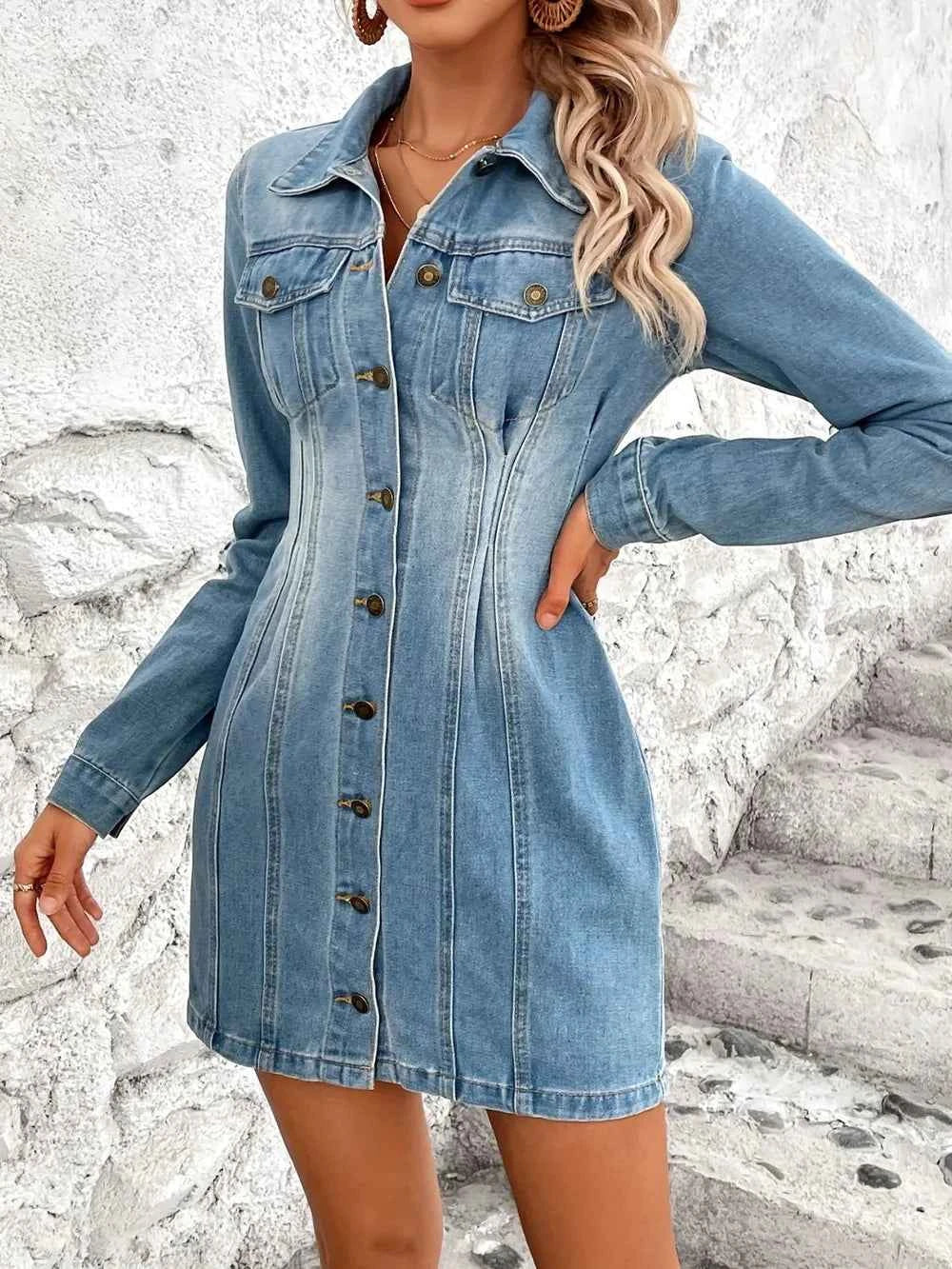 Button-Up Long-Sleeve Denim Dress with Pockets