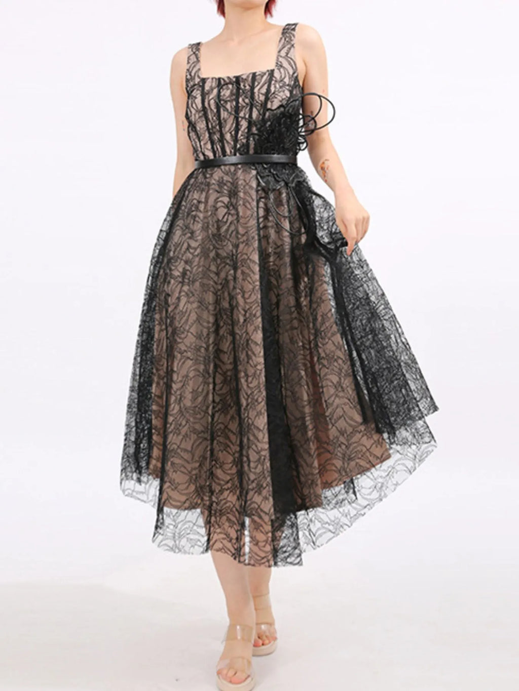 Lace Square-Neck Midi Dress