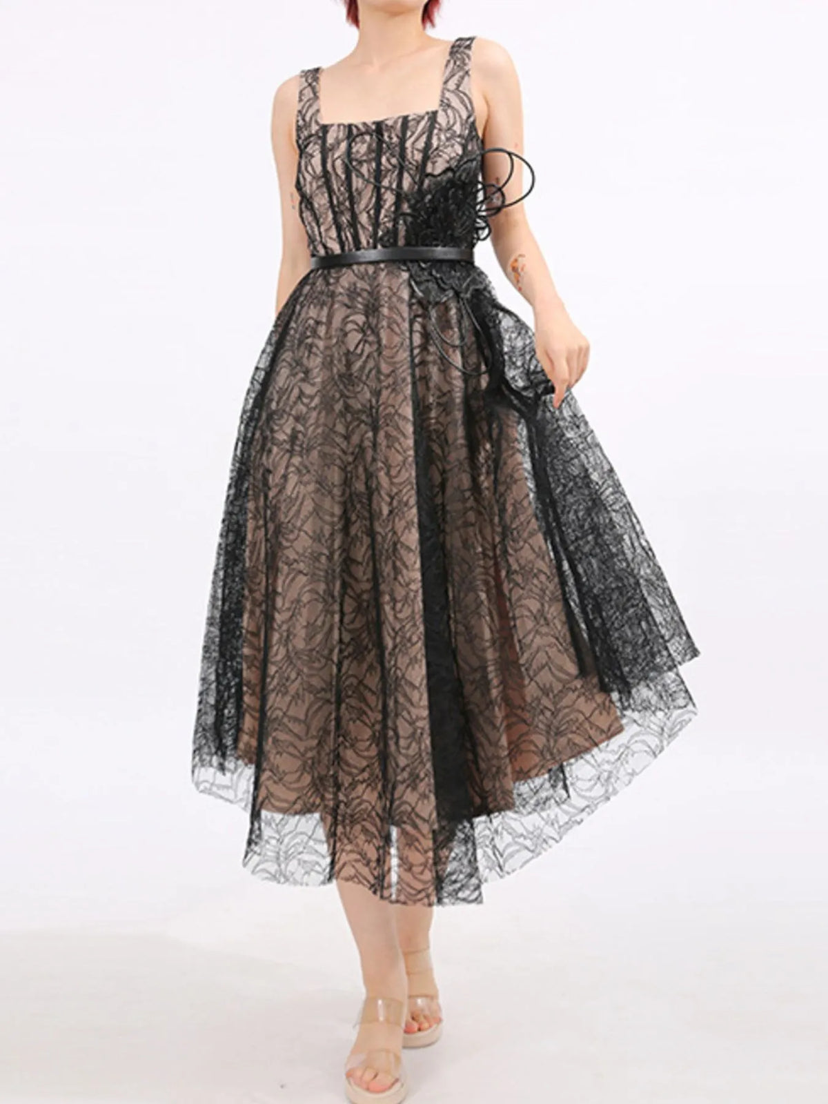 Lace Square-Neck Midi Dress