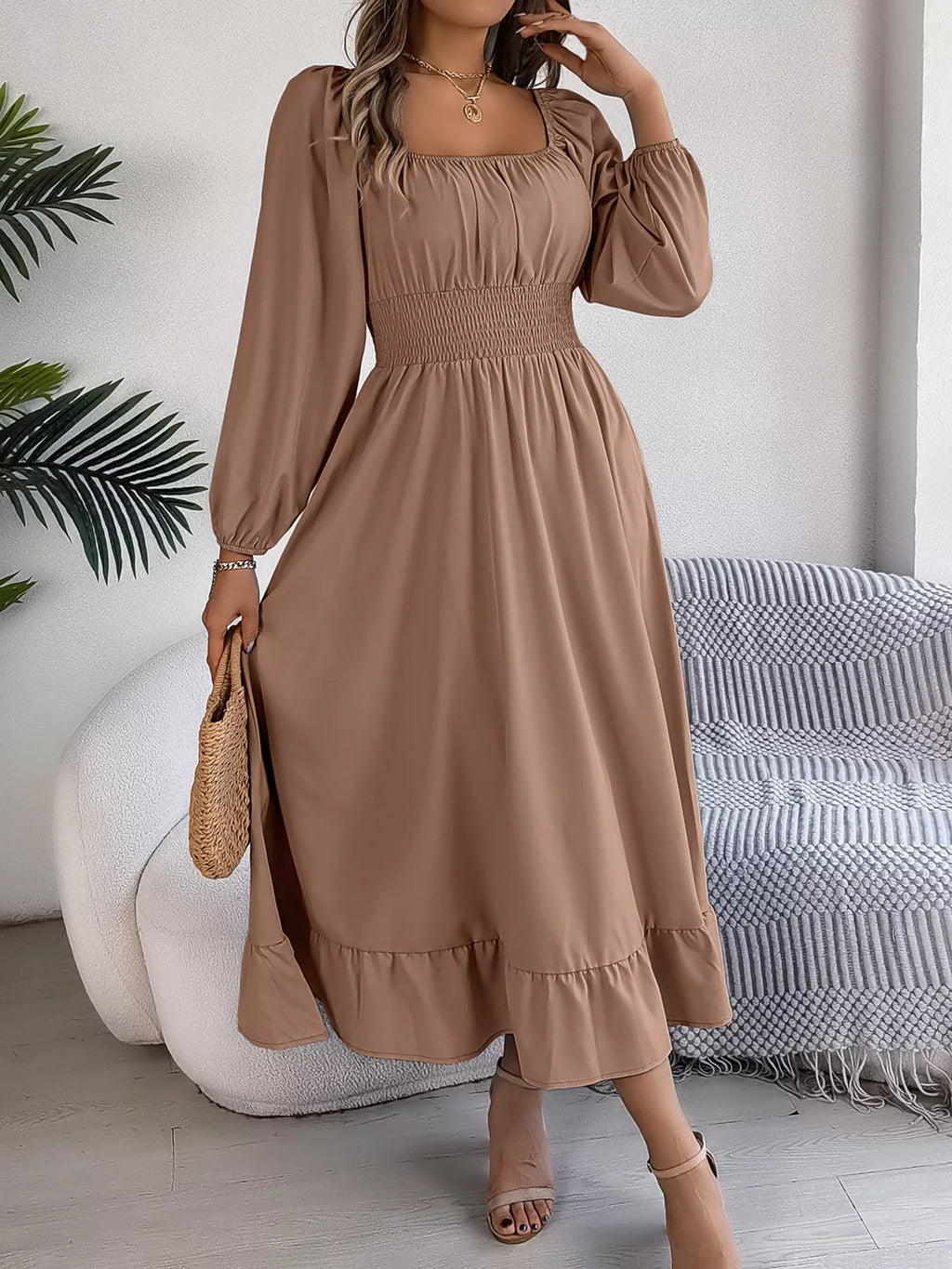 Square-Neck Smocked-Waist Long-Sleeve Midi Dress