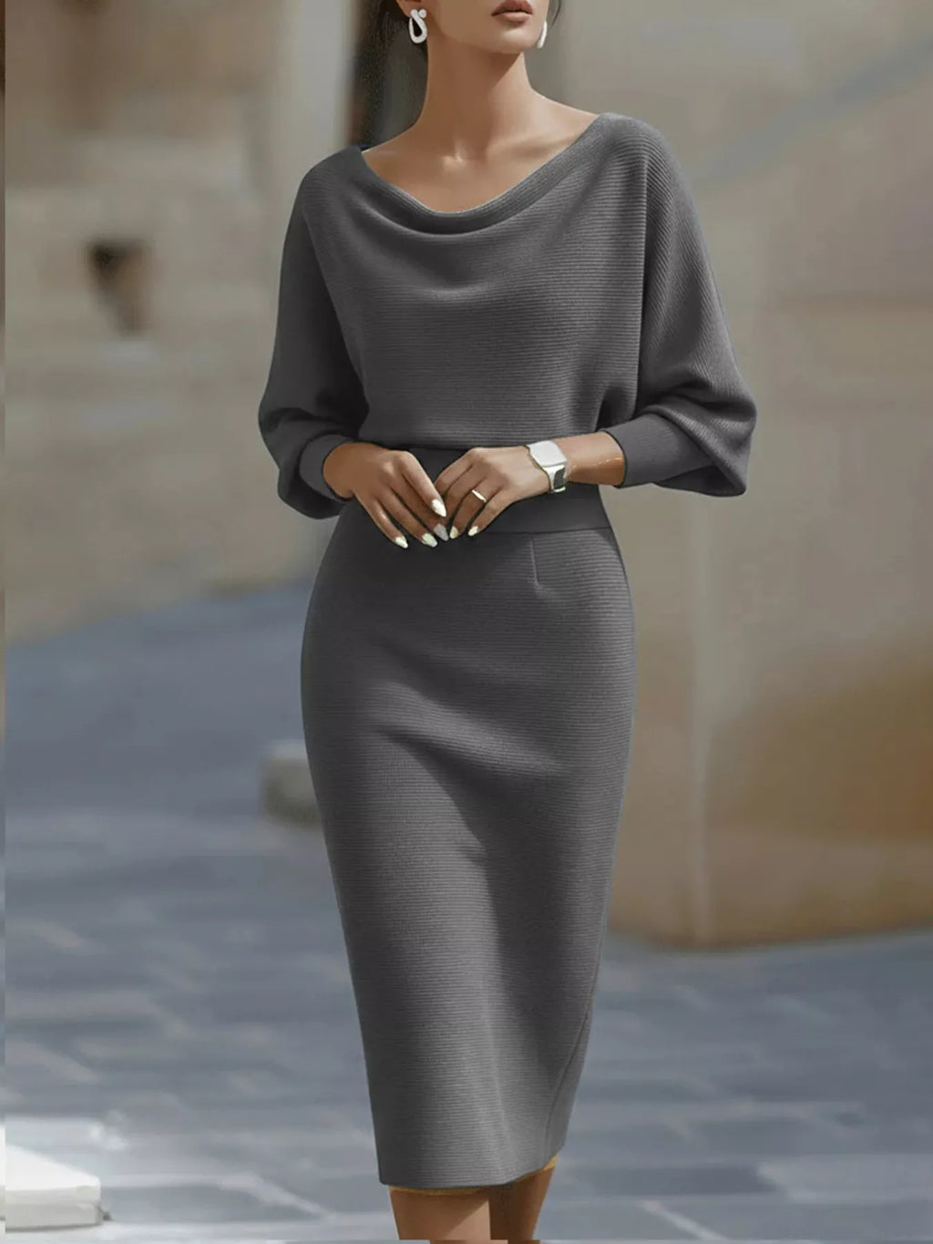 Cowl-Neck Knit Bodycon Midi Dress