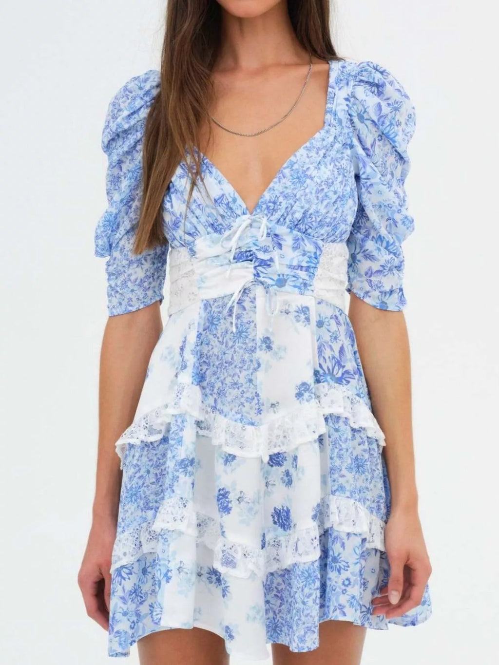 Ruffled Floral-Print Half-Sleeve Dress