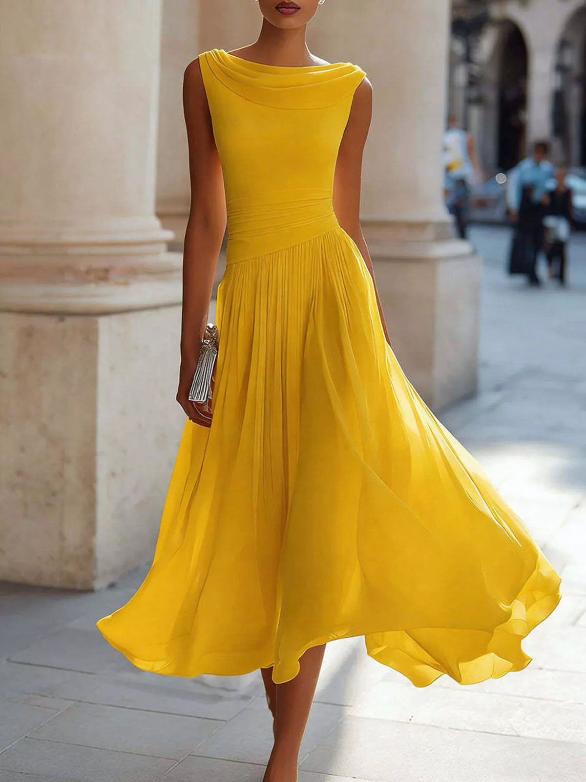 Draped-Neck Sleeveless Flared Midi Dress, S–3XL