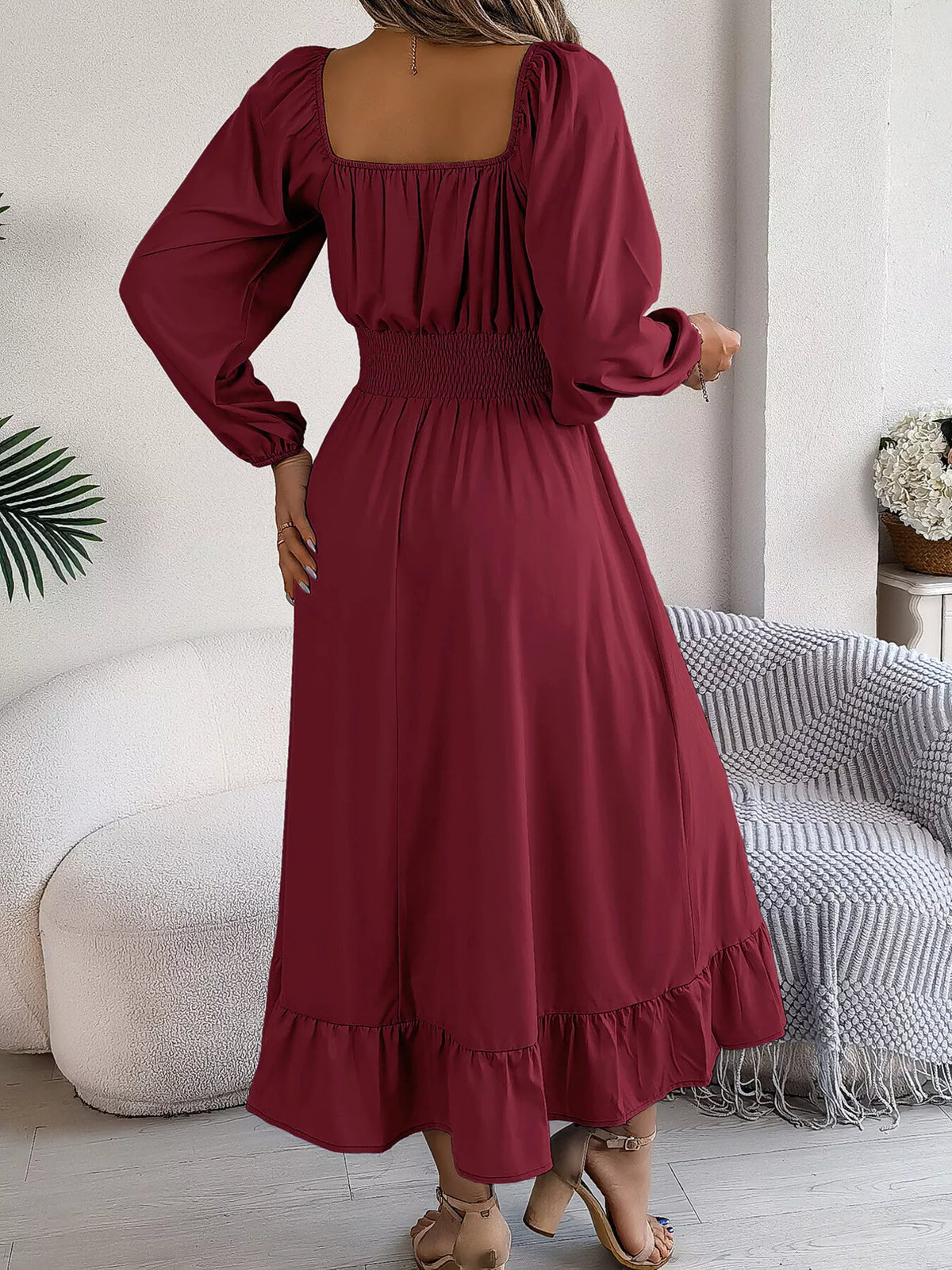 Square-Neck Smocked-Waist Long-Sleeve Midi Dress