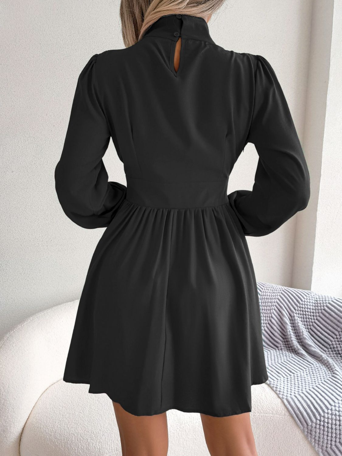 High-Neck Cutout Long-Sleeve A-Line Mini Dress