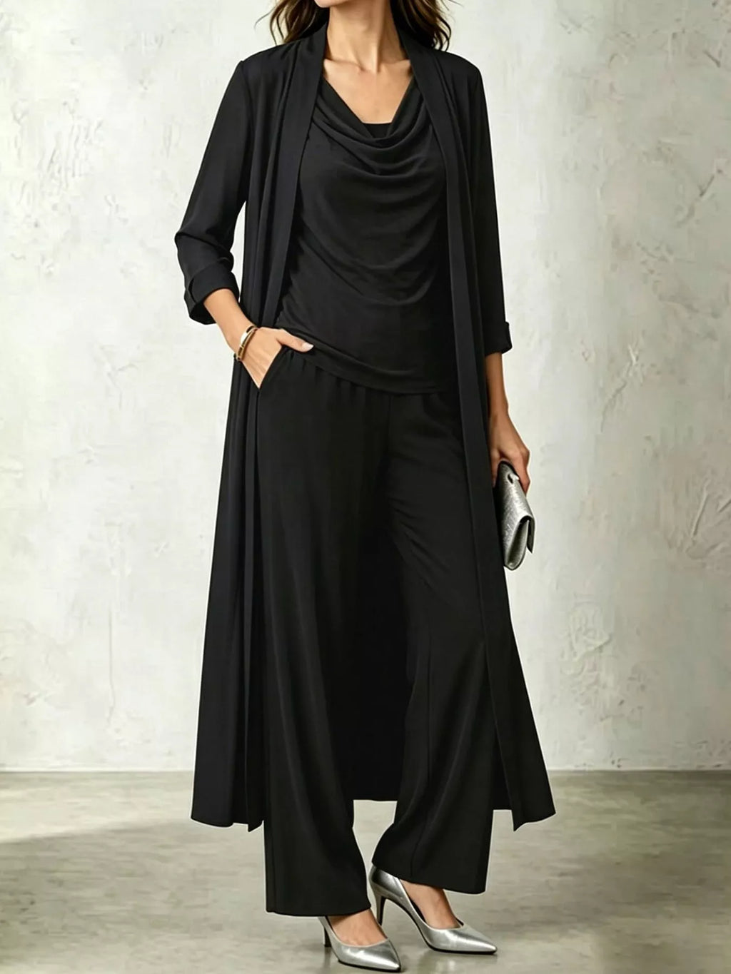 Cowl-Neck Top, Cardigan & Wide-Leg Pants Three-Piece Set